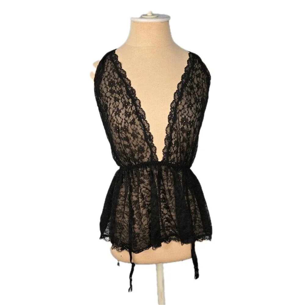 Victoria's Secret Black Lace Halter Top Nightie With Garters Size S Lingerie